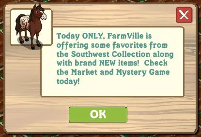 FarmVille promotional announcement for Southwest Collection items.