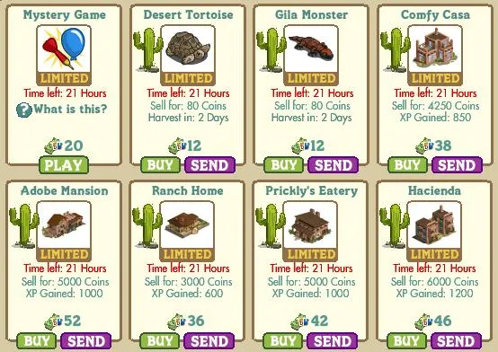 Game interface displaying various virtual items including a mystery game, desert tortoise, gila monster, cozy cabin, adobe mansion, ranch home, prickly's eatery, and hacienda, with timers and prices for purchasing or sending.