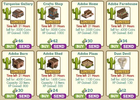 Game interface displaying various building options with prices and attributes for a virtual environment.