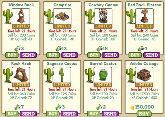 Product listings with cacti-themed decorations and items for a game.