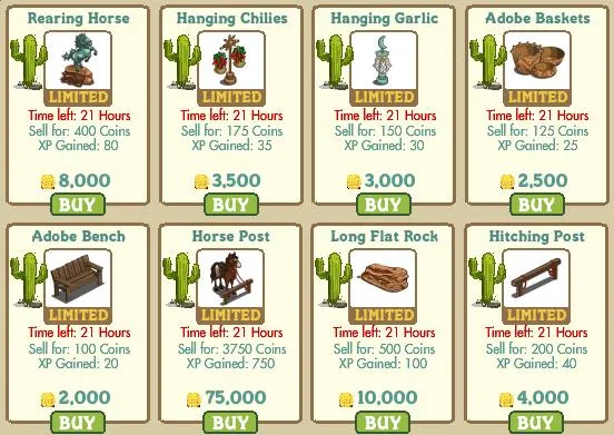 Limited-time items for sale in a virtual game, including a rearing horse, hanging chilies, hanging garlic, adobe baskets, adobe bench, horse post, long flat roof, and hitching post.