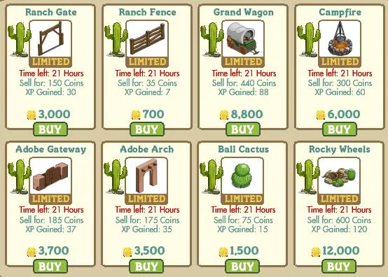 Game interface showcasing various limited-time items for sale, including a ranch gate, ranch fence, grand wagon, campfire, adobe gateway, adobe arch, ball cactus, and rocky wheels, along with their prices and XP values.
