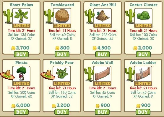 Farm game item selection with various plants and structures, including prices and experience points.