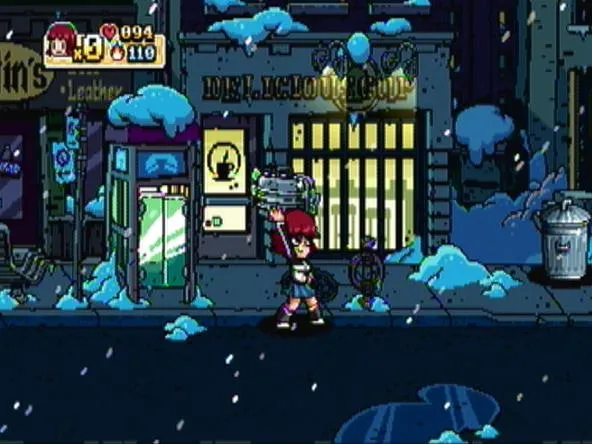 A character standing in front of a snowy storefront at night.