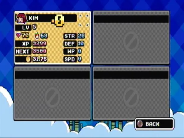 Game character stats screen with player level, strength, defense, magic points, and speed indicators.