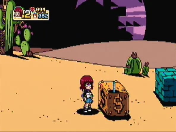 A girl character standing next to a large treasure chest in a desert landscape.