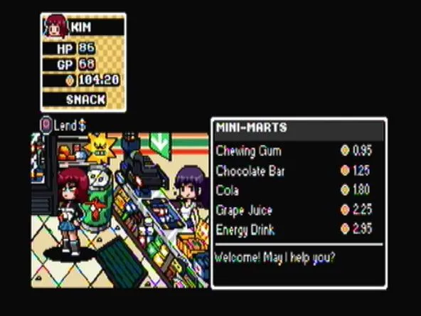 Video game interface featuring a character navigation screen and a shop menu with snack options.