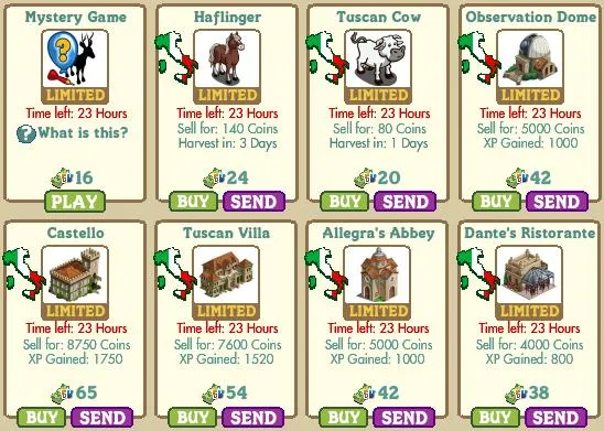 Farm game item options with various buildings and animals for sale.
