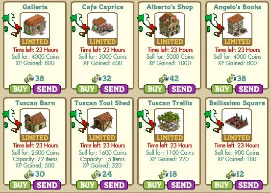Limited-time buildings for a virtual town game, each with cost, time, and experience points information.