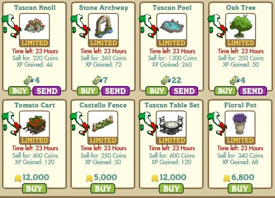 Tuscan-themed decorative items for sale in a game, featuring a knoll, stone archway, pool, oak tree, cart, fence, table set, and floral pot.