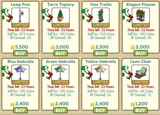 Garden items for sale including a lamp post, topiary, trellis, planters, and umbrellas.