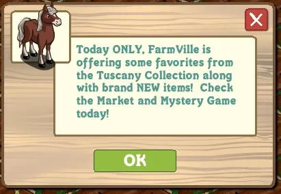 FarmVille promotional announcement featuring Tuscany Collection items.