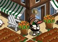 Animated character in a garden setting with flower pots and a building.