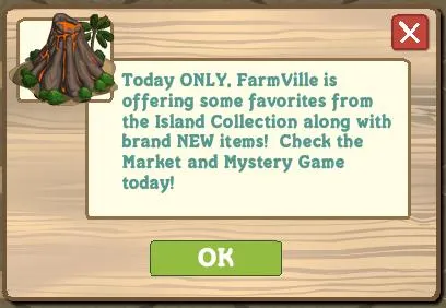 FarmVille Island Collection promotional message.