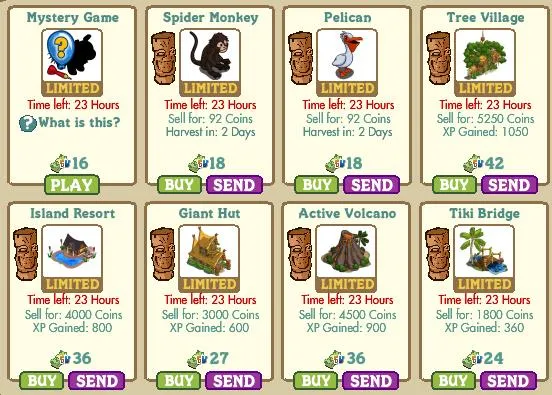 Game-themed marketplace showcasing various limited-time items with prices and time left for purchase.