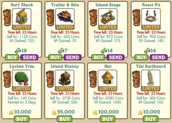 Game assets and items for a virtual world, including prices and time limits.