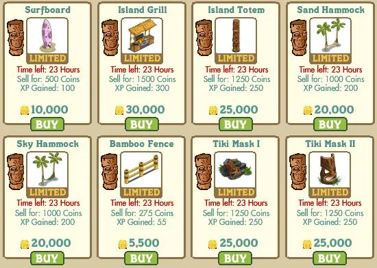 Limited edition in-game items including surfboard, island grill, and various hammocks.