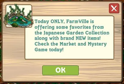 FarmVille promotional announcement for Japanese Garden Collection items.