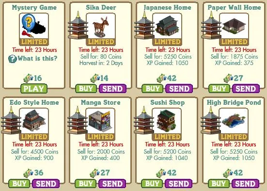 Various limited-time game items and homes available for purchase in a virtual world.