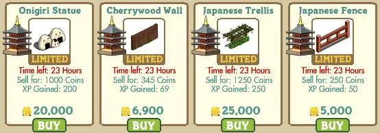Game items for sale: Onigiri Statue, Cherrywood Wall, Japanese Trellis, Japanese Fence.