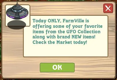 FarmVille promotional message for UFO Collection items.