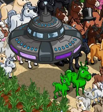 A humorous scene featuring a spaceship surrounded by colorful cartoon horses and unicorns.