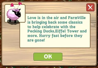 FarmVille promotional message about a limited-time event featuring classic items.