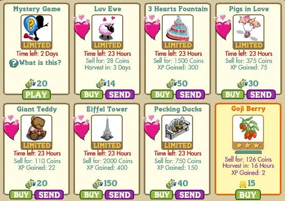 Game items grid featuring various gifts and decorations with limited availability, including a mystery game, love-themed items, and collectibles.