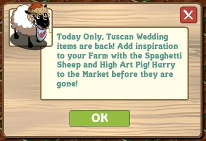 Tuscan Wedding items promotion featuring Spaghetti Sheep and High Art Pig for farming inspiration.