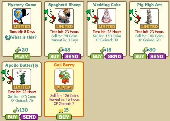 Game items and decorations for a virtual farm game, including a wedding cake, spaghetti sheep, and a pig high art.
