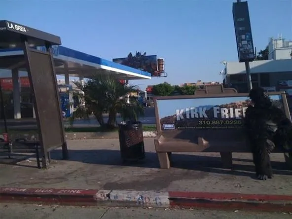 Bus stop with a large advertisement for Kirk Fried Chicken.