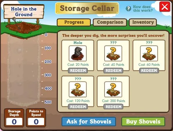 Storage cellar game interface with options to redeem points for moles and buried surprises.