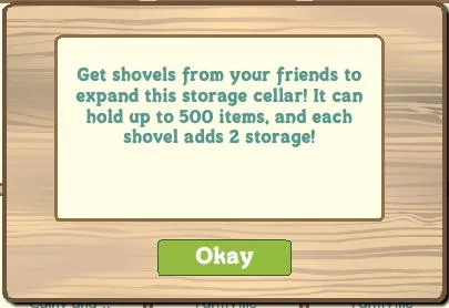 Storage cellars expansion prompt with shovel details.