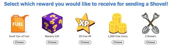 Reward options for sending a Shovel: Fuel, Mystery Gift, XP, 1,000 Coins, 2 Shirts.