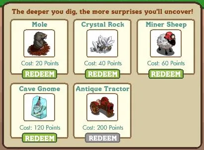 Items available for redemption: Mole, Crystal Rock, Miner Sheep, Cave Gnome, Antique Tractor.