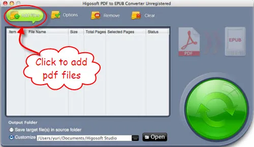 PDF to EPUB Converter interface with option to add PDF files.