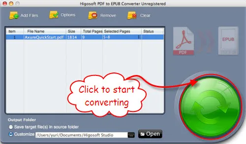 Screenshot of a PDF to EPUB converter software interface with a focus on the conversion button.