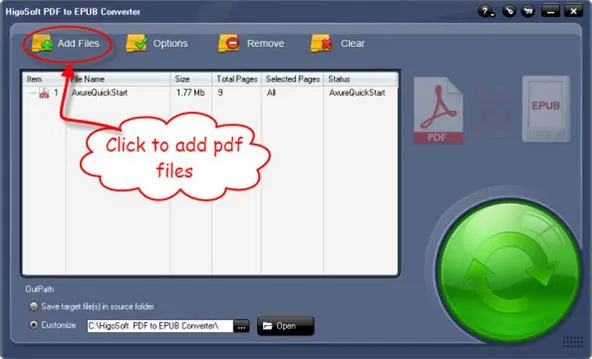 PDF conversion software interface with options to add files and convert to different formats.