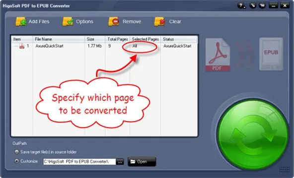 PDF to Excel conversion software interface with options for selecting pages.