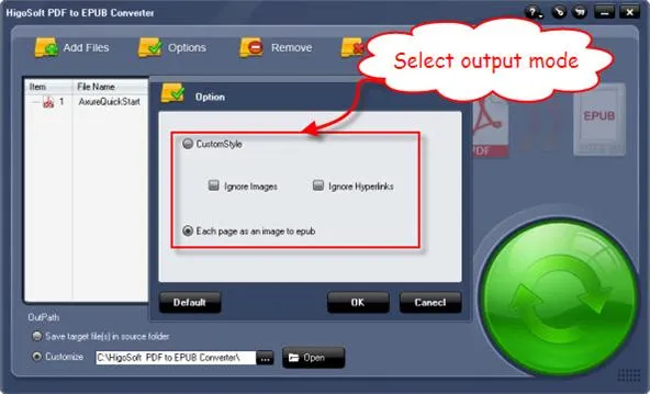 PDF conversion software interface showing output mode selection options.