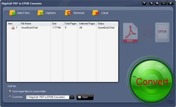 PDF to Word conversion software interface displaying file details and a convert button.