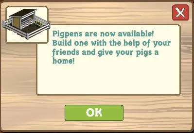 Pigpen availability announcement for building pig homes with friends.
