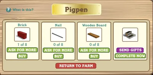 Pigpen building materials inventory with options to buy or request more items.