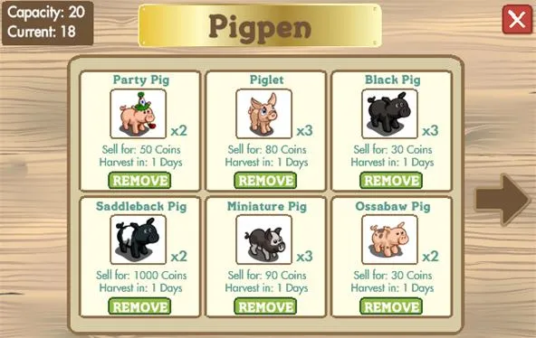 Pigpen with various pig types, including Party Pig, Piglet, Black Pig, Saddleback, Miniature Pig, and Ossabaw Pig.