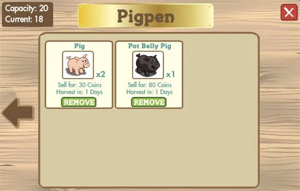 Pigpen inventory screen showing two pigs and their details.