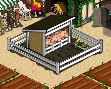 Pigpen with pigs inside and a feeding trough in a farm setting.