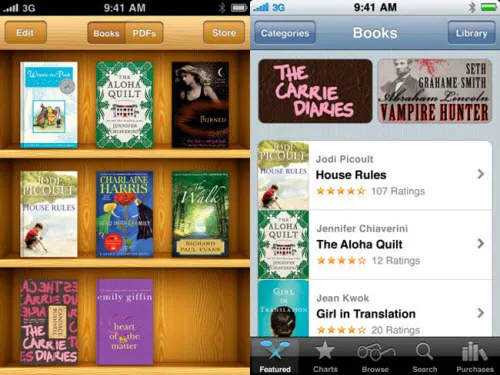 Screenshots of a digital bookshelf displaying various book covers and a list of featured books in a mobile app.
