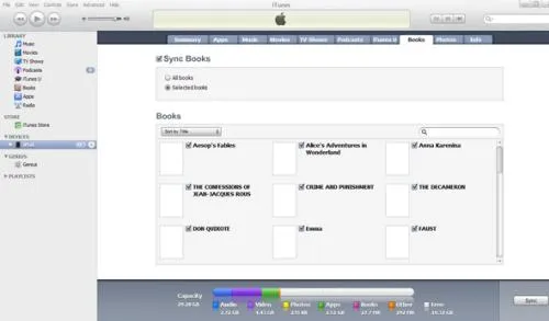 iTunes interface showing book syncing options and a list of books.