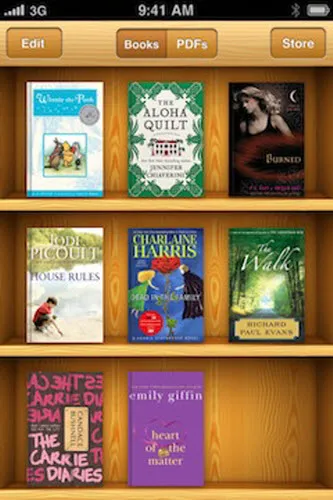 Books displayed on a wooden shelf in a digital library interface.