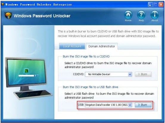 Windows Password Unlocker software interface for creating a bootable USB or CD to reset Windows admin passwords.